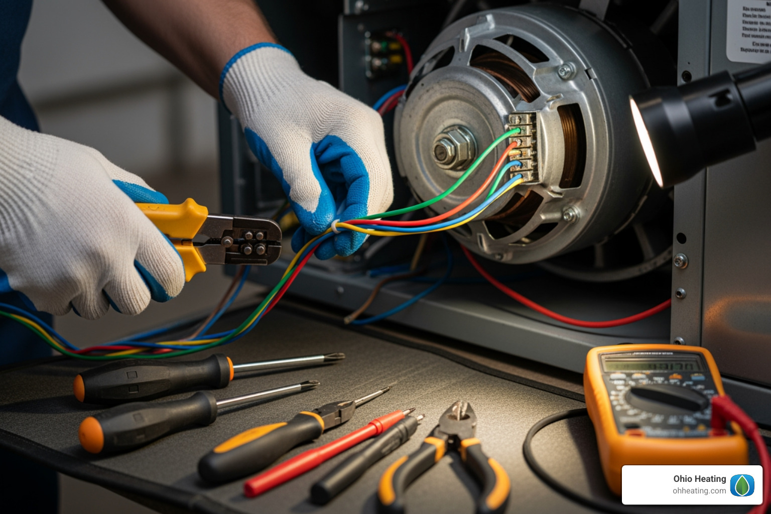 A technician's hands safely disconnecting wires from a blower motor - Blower motor replacement