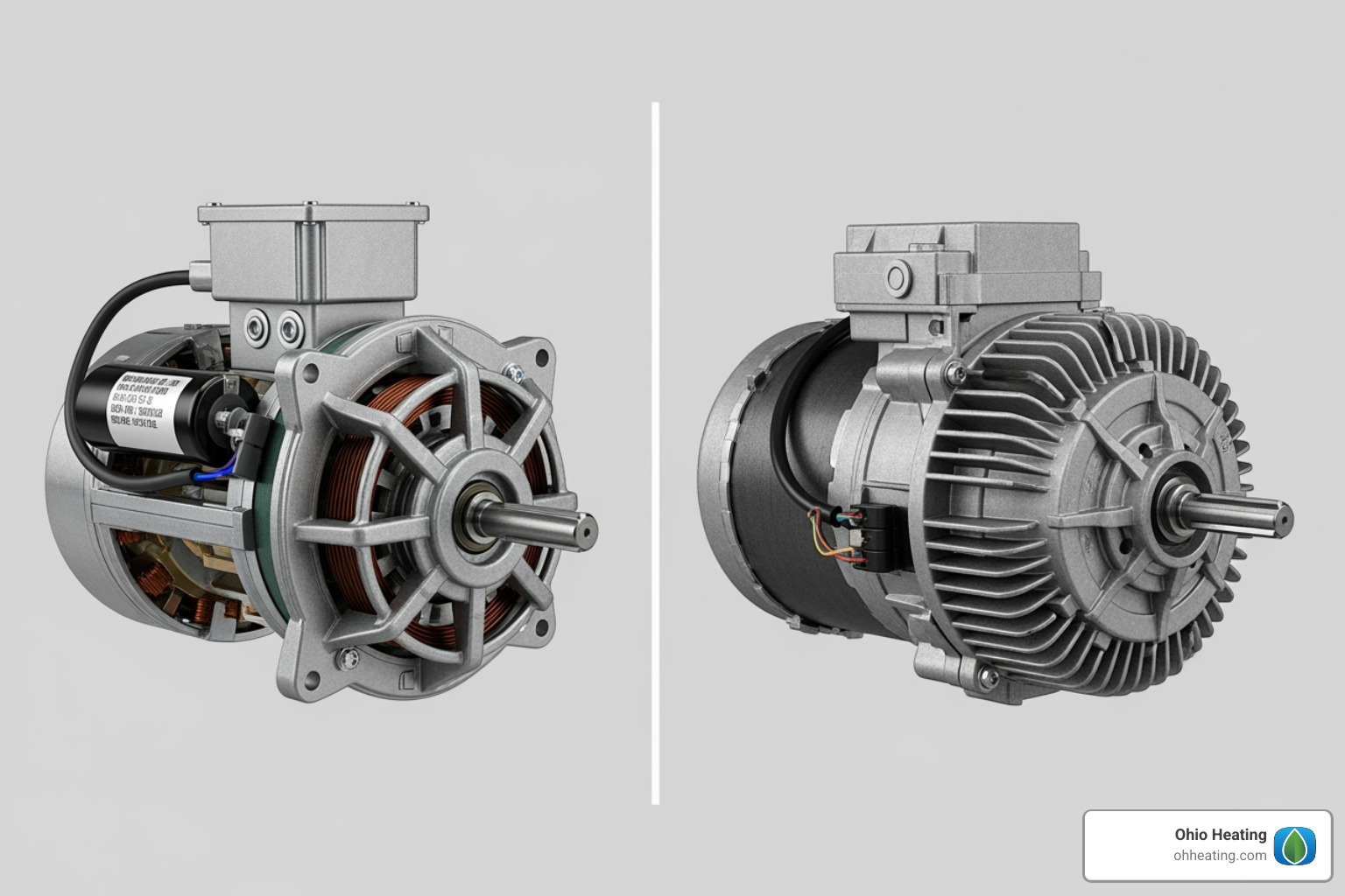 Two different types of blower motors side-by-side, one a simpler PSC motor and the other a more complex ECM variable-speed motor - Blower motor replacement