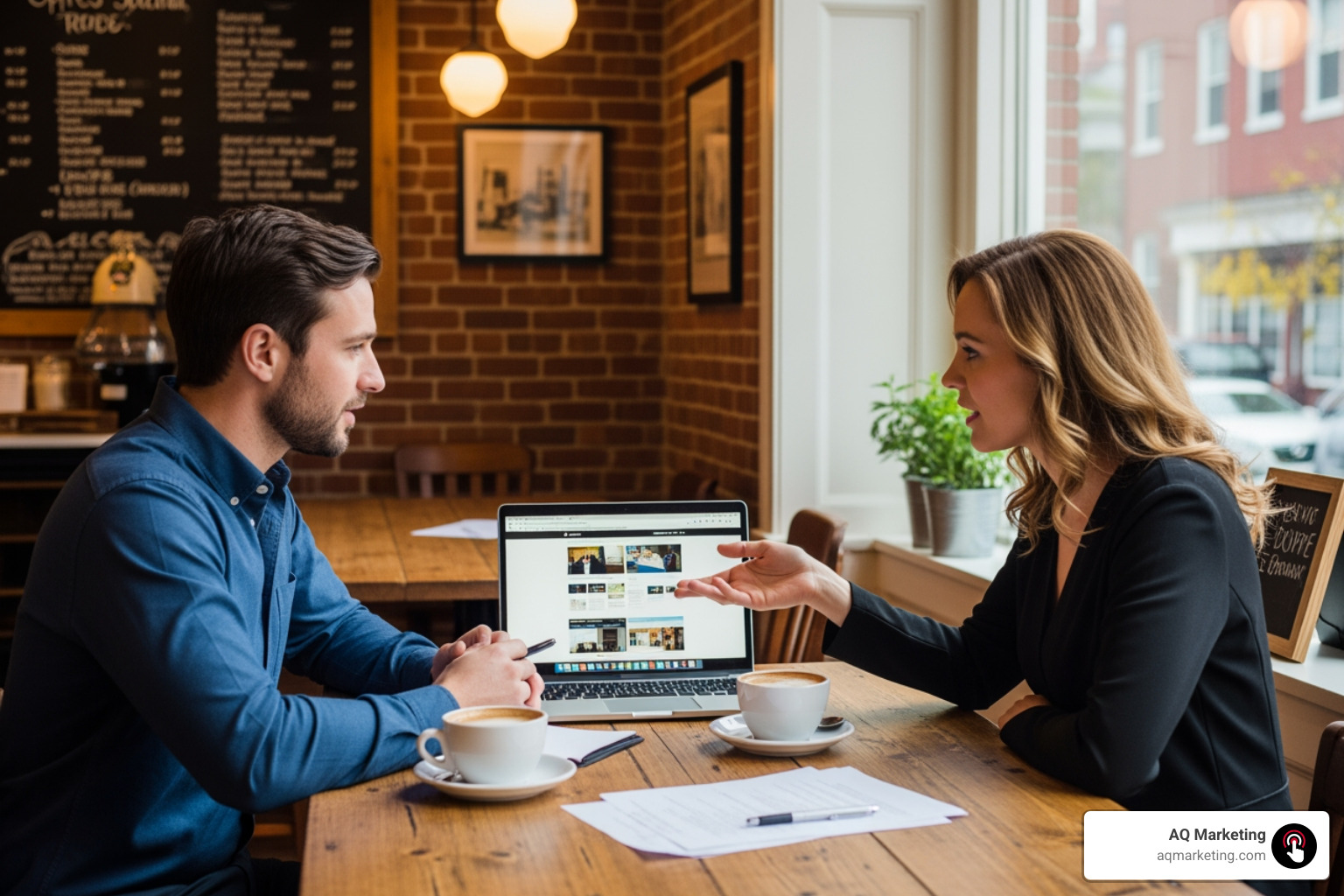 face-to-face meeting between a business owner and a web designer in a local NH coffee shop setting - web design NH face-to-face meeting between a business owner and a web designer in a local NH coffee shop setting - web design NH