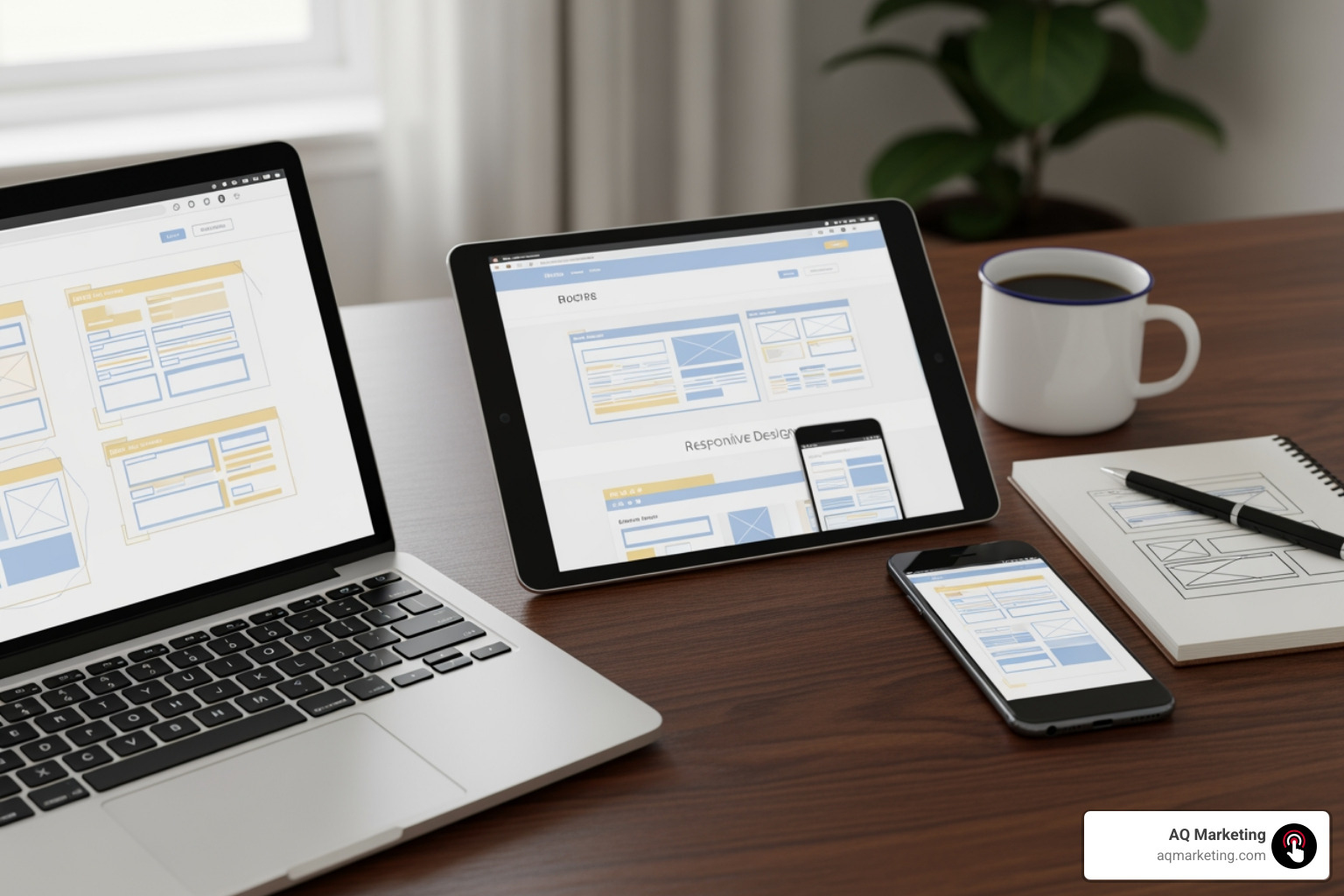 designer's desk with wireframes for a website, showing a responsive design on a laptop, tablet, and phone - web design NH designer's desk with wireframes for a website, showing a responsive design on a laptop, tablet, and phone - web design NH