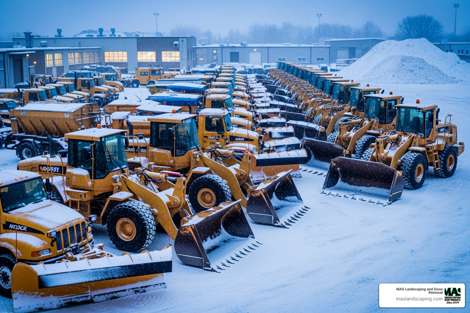 fleet of commercial snow plows and loaders - Commercial snow removal contractors