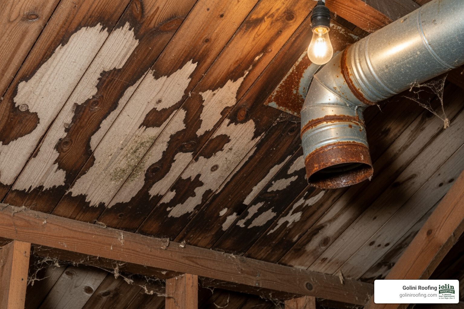 water stains on an attic ceiling near a vent pipe - Exterior roof repair water stains on an attic ceiling near a vent pipe - Exterior roof repair