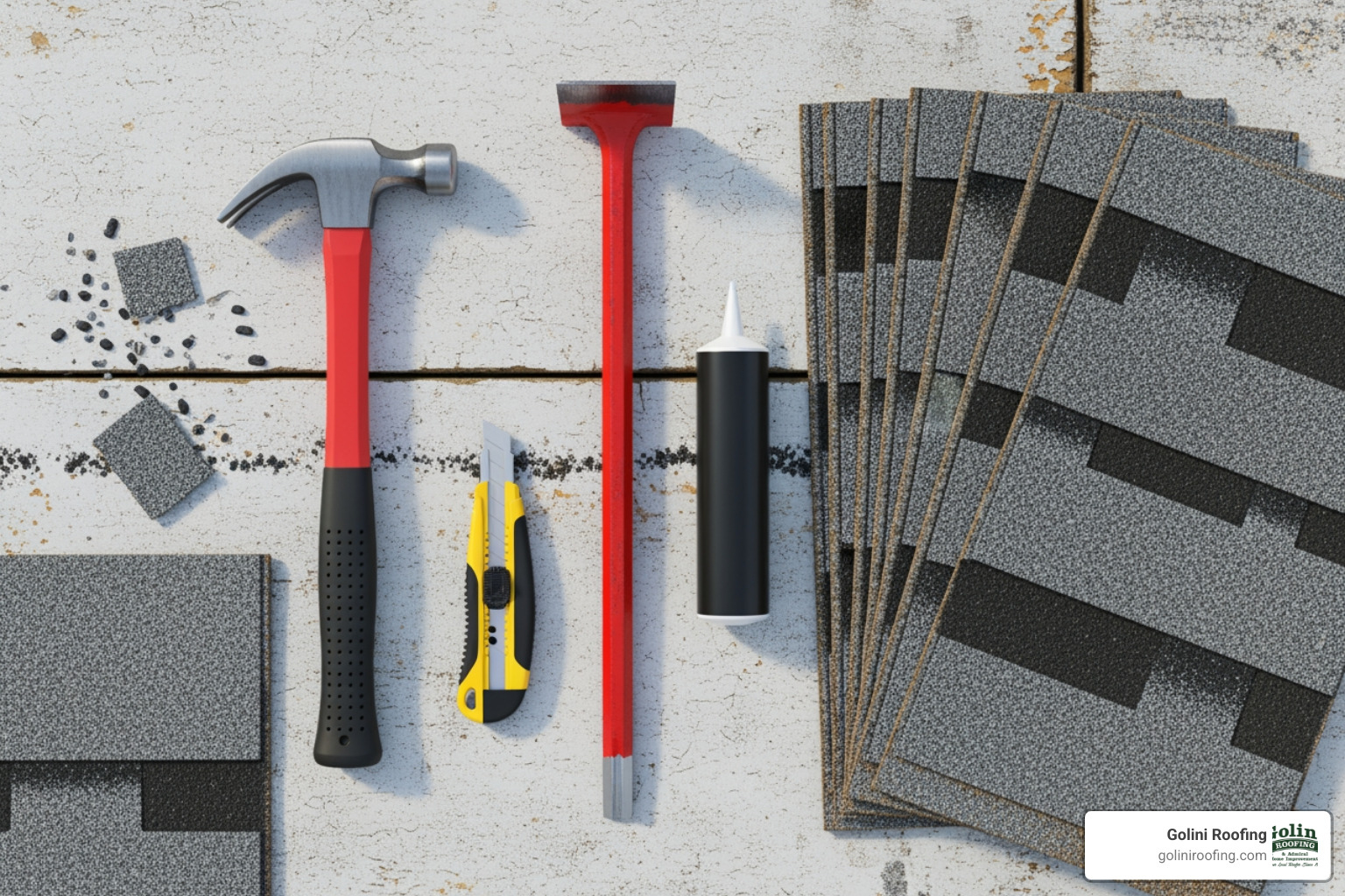 roof repair tools including hammer, pry bar, utility knife, roofing cement, and replacement shingles - Exterior roof repair roof repair tools including hammer, pry bar, utility knife, roofing cement, and replacement shingles - Exterior roof repair