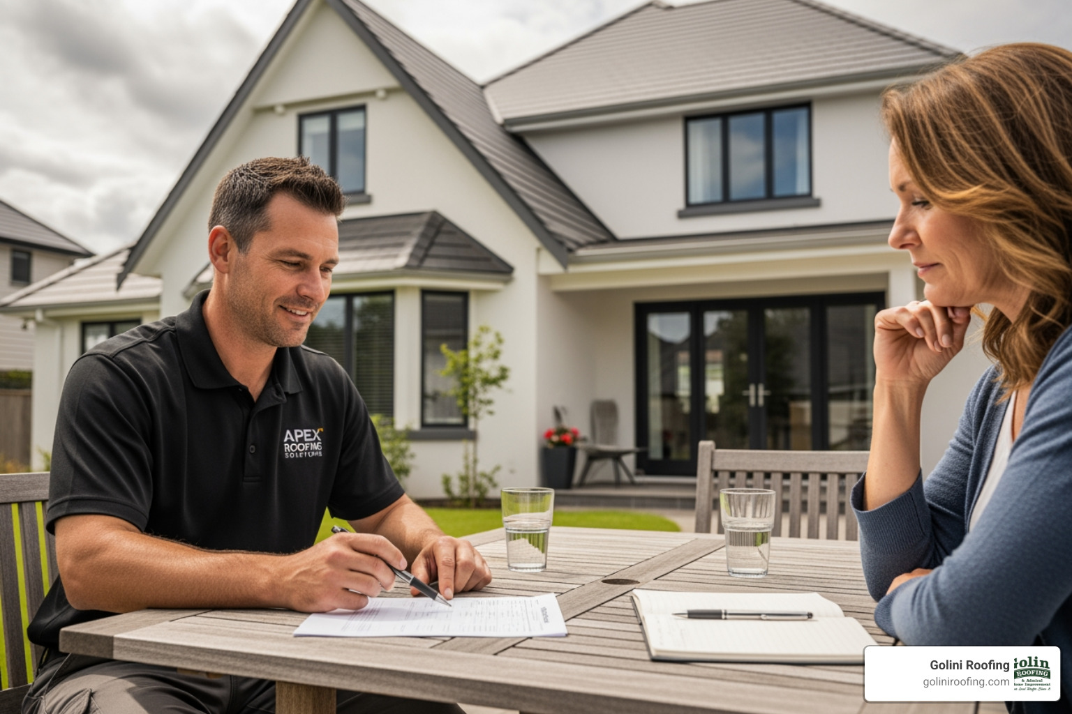 professional roofer providing a written estimate to a homeowner - Exterior roof repair professional roofer providing a written estimate to a homeowner - Exterior roof repair
