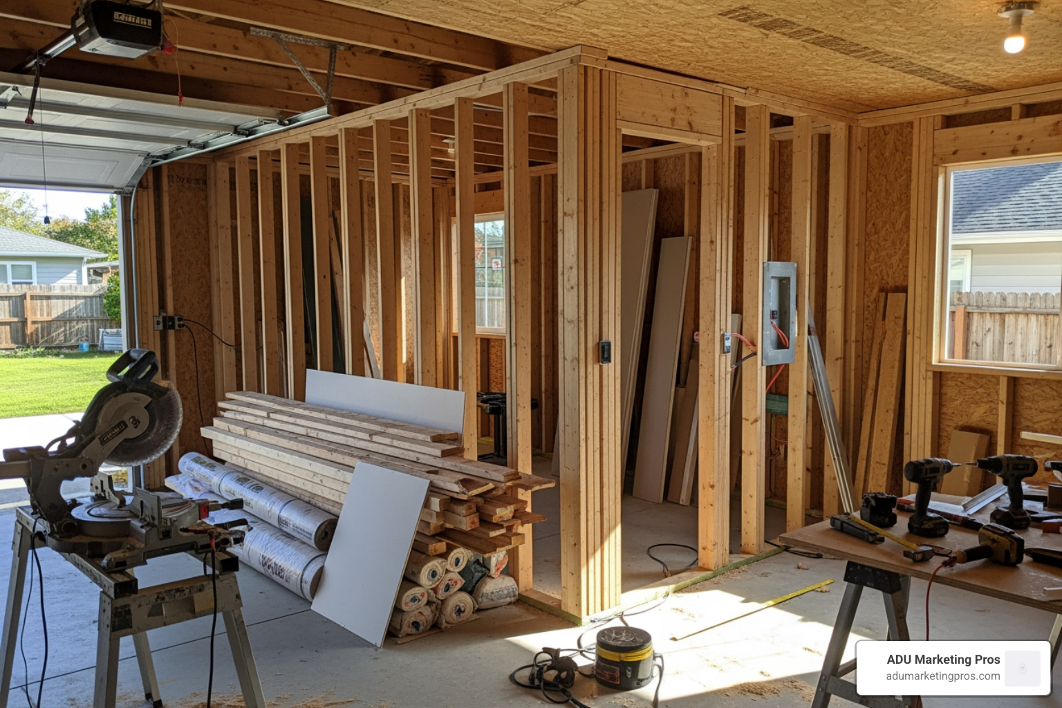 garage mid-conversion into an ADU, showing framing and construction work - los angeles accessory dwelling unit ordinance garage mid-conversion into an ADU, showing framing and construction work - los angeles accessory dwelling unit ordinance