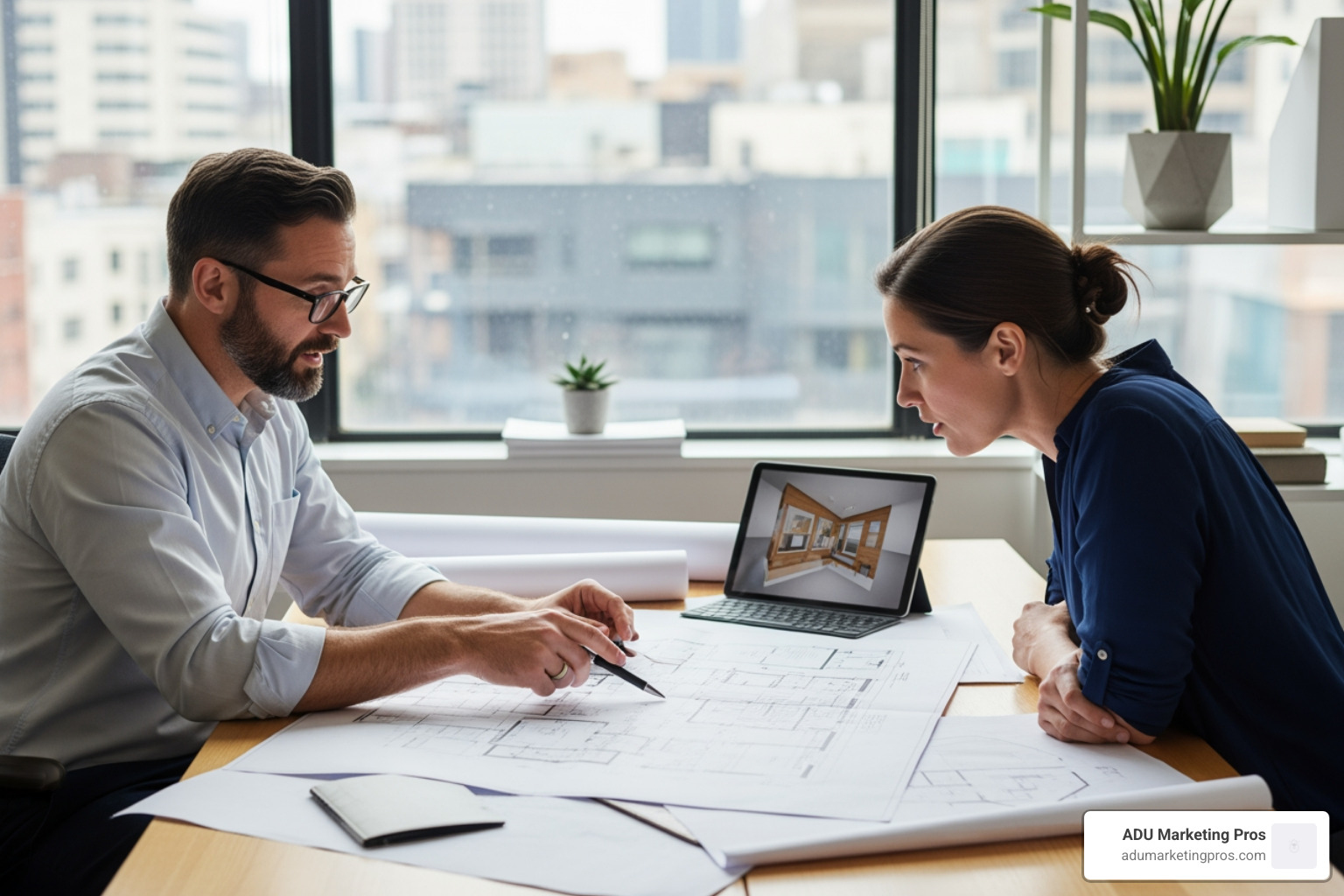 architect reviewing ADU blueprints with a homeowner in a bright office setting - los angeles accessory dwelling unit ordinance architect reviewing ADU blueprints with a homeowner in a bright office setting - los angeles accessory dwelling unit ordinance