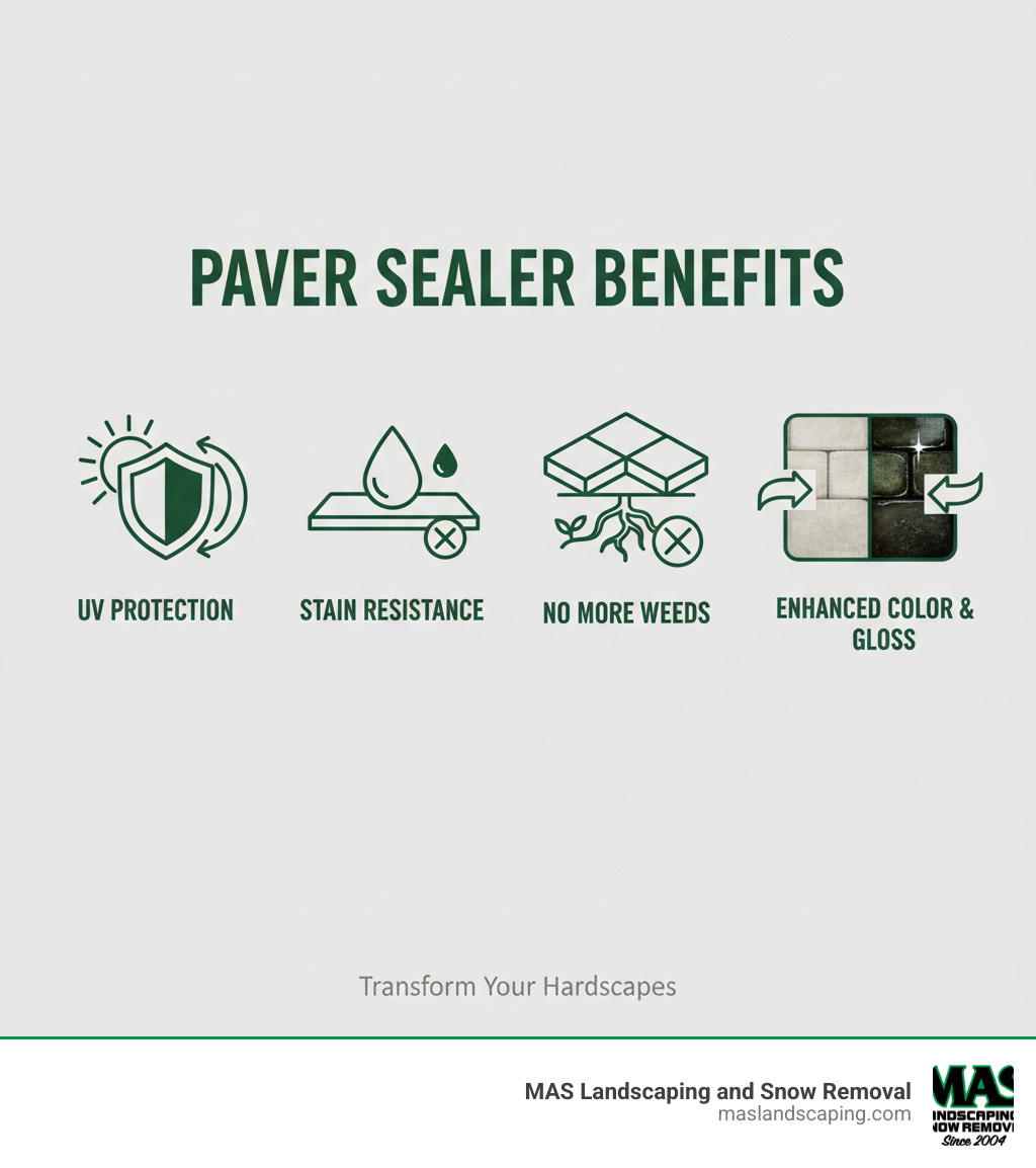 Infographic showing the key benefits of wet look paver sealers: UV protection shield blocking sun rays, oil droplets beading on surface for stain resistance, stabilized joint sand preventing weeds, and before/after comparison showing enhanced color depth and glossy finish - Wet look paver sealer infographic 