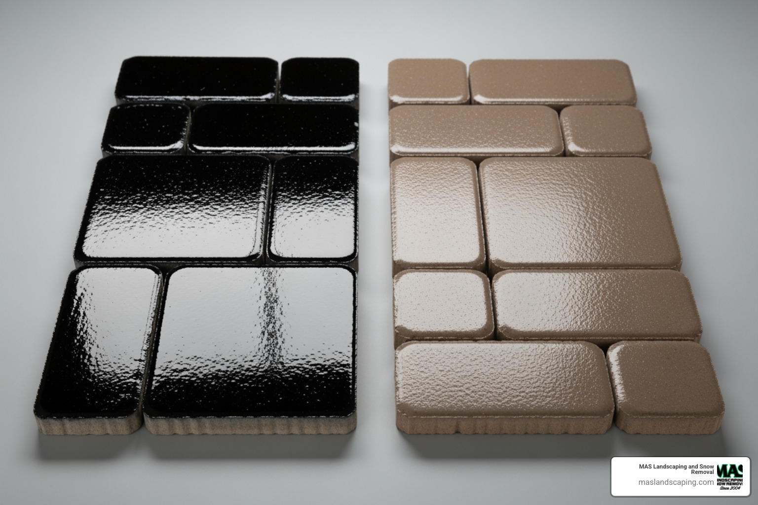 two paver samples side-by-side, one with a high-gloss finish and one with a satin/low-gloss finish - Wet look paver sealer