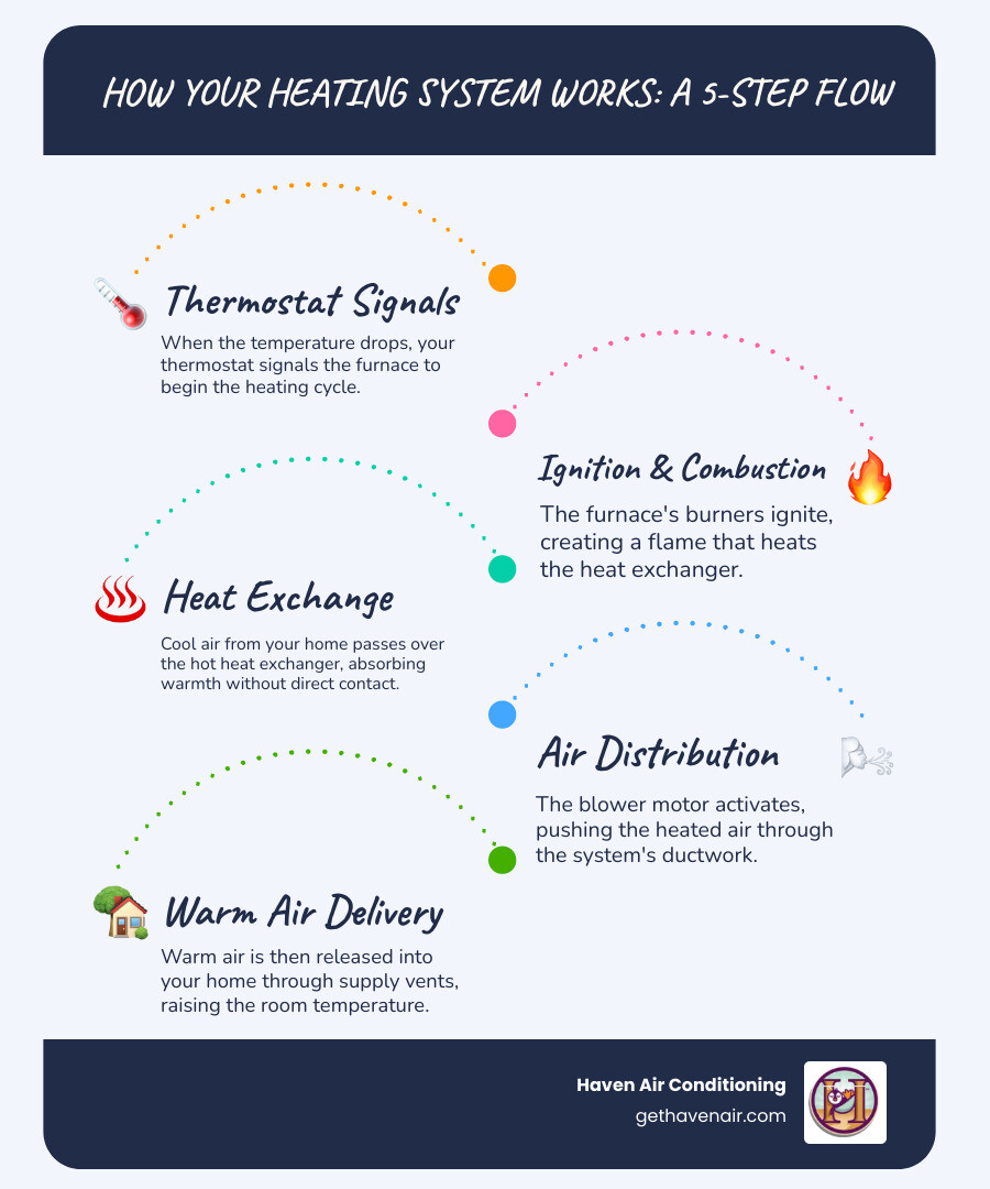 infographic showing heating system flow from thermostat signal through furnace ignition, heat exchanger warming air, blower motor pushing heated air through ductwork to room vents, with filter location and common problem points labeled - heating system problems infographic infographic-line-5-steps-blues-accent_colors infographic showing heating system flow from thermostat signal through furnace ignition, heat exchanger warming air, blower motor pushing heated air through ductwork to room vents, with filter location and common problem points labeled - heating system problems infographic infographic-line-5-steps-blues-accent_colors