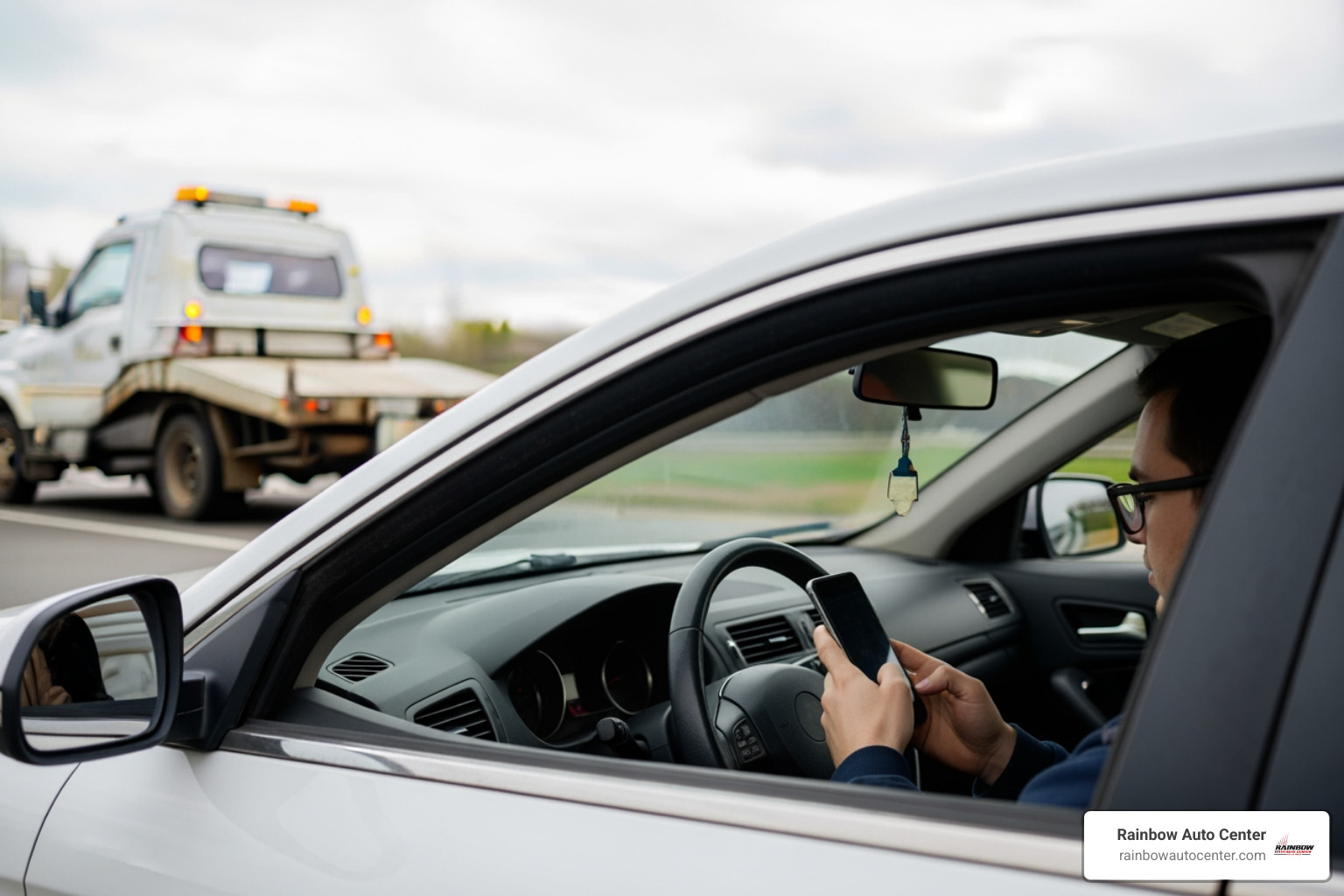A driver on their phone inside their car, with a roadside assistance truck visible in the background - emergency road service near me A driver on their phone inside their car, with a roadside assistance truck visible in the background - emergency road service near me
