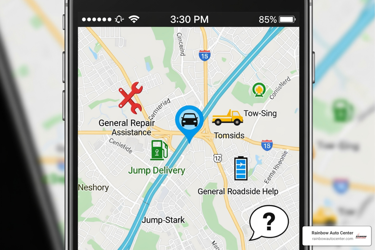 A smartphone screen showing a map with service provider icons - emergency road service near me A smartphone screen showing a map with service provider icons - emergency road service near me