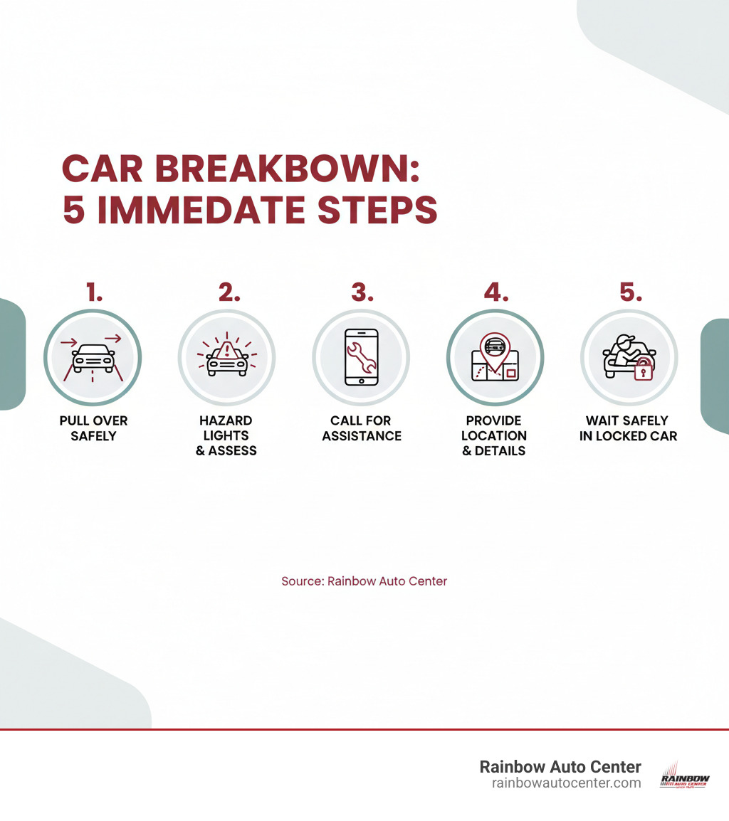 Infographic showing 5 immediate steps when your car breaks down: 1. Pull over safely to the shoulder, 2. Turn on hazard lights and assess the situation, 3. Call for emergency roadside assistance, 4. Provide your exact location and vehicle details, 5. Wait safely in your locked vehicle until help arrives - emergency road service near me infographic Infographic showing 5 immediate steps when your car breaks down: 1. Pull over safely to the shoulder, 2. Turn on hazard lights and assess the situation, 3. Call for emergency roadside assistance, 4. Provide your exact location and vehicle details, 5. Wait safely in your locked vehicle until help arrives - emergency road service near me infographic