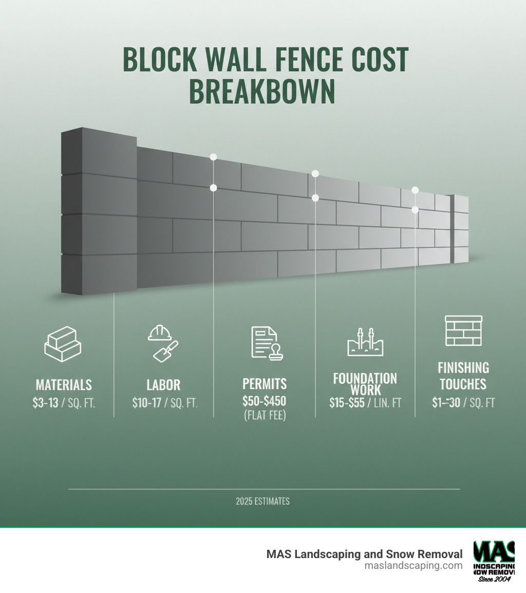 infographic showing cost breakdown for block wall fence including materials at $3-$13 per square foot, labor at $10-$17 per square foot, permits at $50-$450, foundation work at $15-$55 per linear foot, and finishing touches at $1-$30 per square foot - cost to build block wall fence infographic 