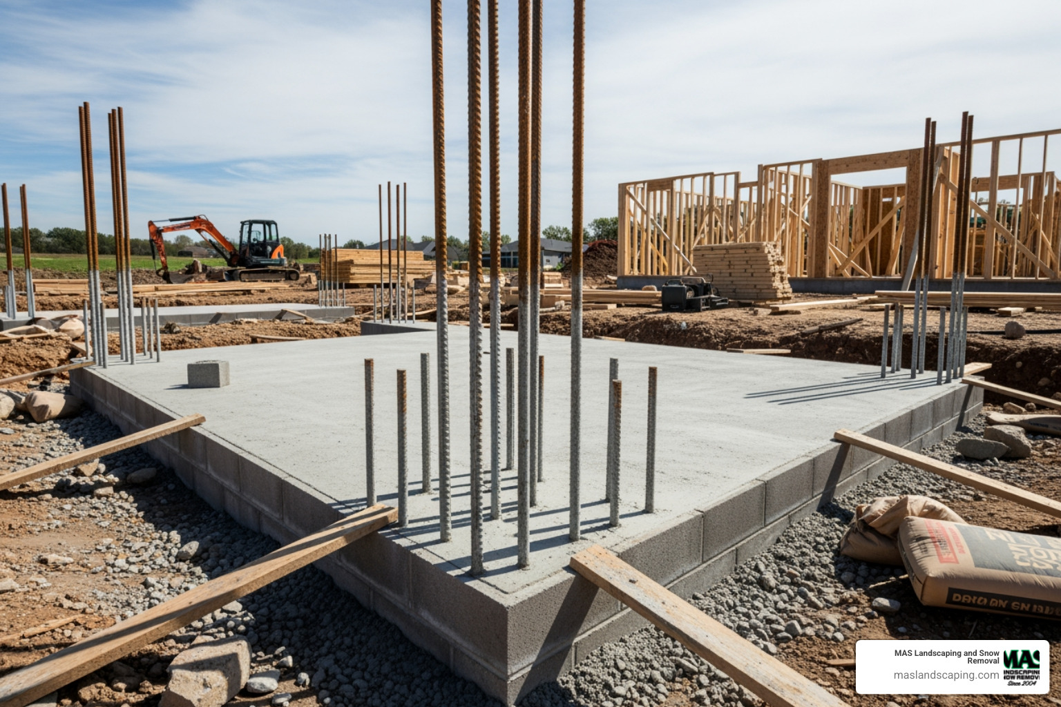 block wall under construction showing the footing and rebar - cost to build block wall fence