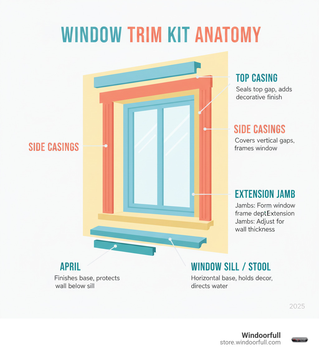 Infographic showing the anatomy of a window trim kit with labeled components: top casing, side casings, window jamb, extension jamb, window sill/stool, and apron, along with callouts explaining each piece's function in sealing gaps and adding visual appeal - window trim kit infographic Infographic showing the anatomy of a window trim kit with labeled components: top casing, side casings, window jamb, extension jamb, window sill/stool, and apron, along with callouts explaining each piece's function in sealing gaps and adding visual appeal - window trim kit infographic