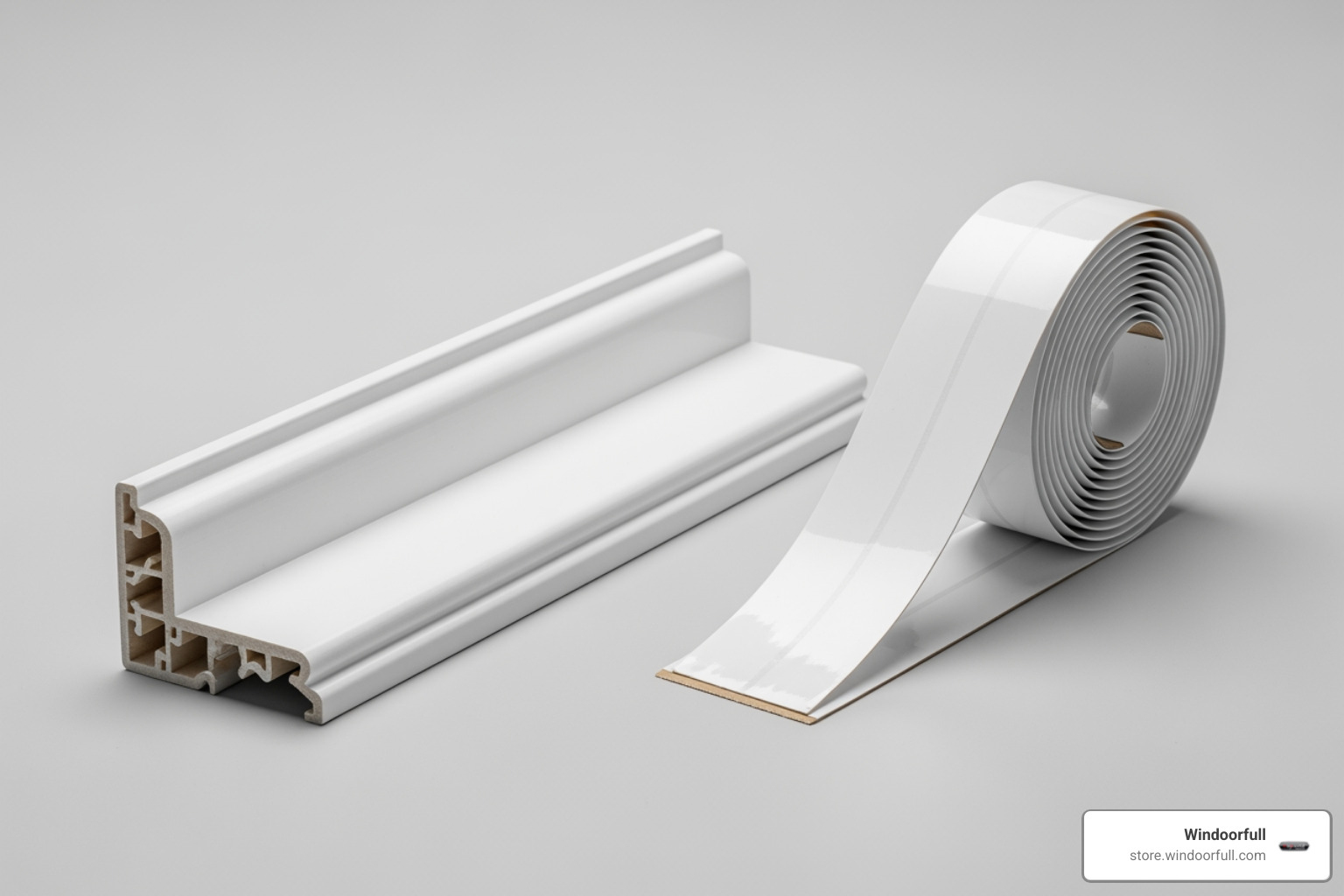 comparison of a rigid, pre-assembled trim kit next to a flexible, peel-and-stick trim roll - window trim kit comparison of a rigid, pre-assembled trim kit next to a flexible, peel-and-stick trim roll - window trim kit
