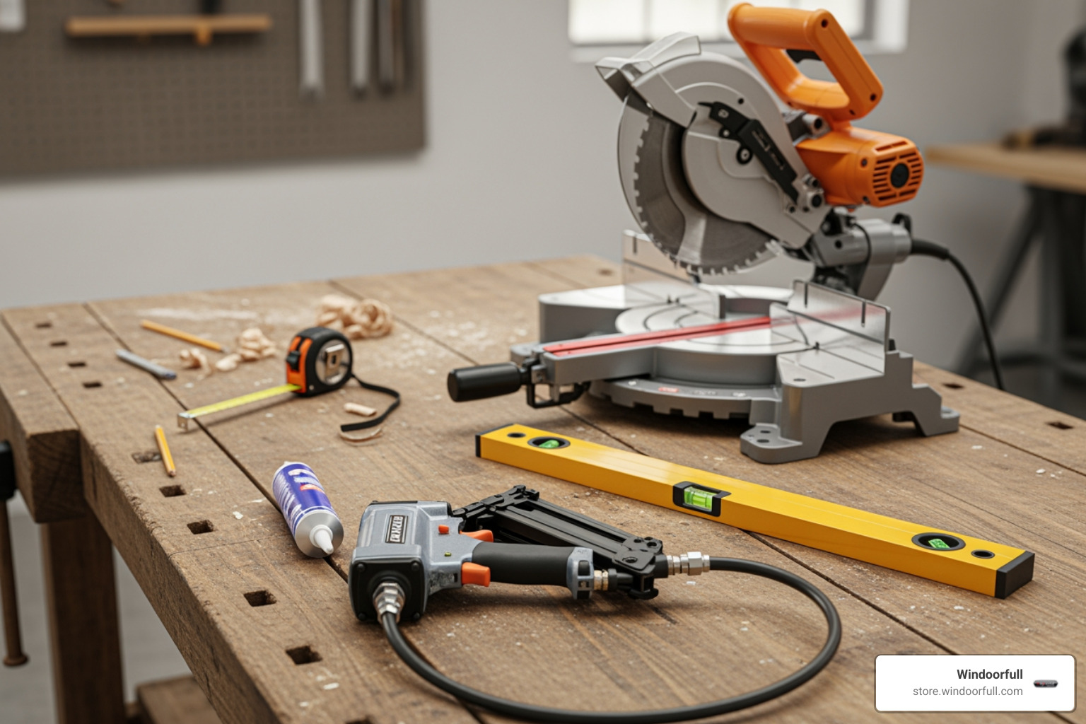 necessary tools laid out: a tape measure, miter saw, level, nail gun, and caulk - window trim kit necessary tools laid out: a tape measure, miter saw, level, nail gun, and caulk - window trim kit
