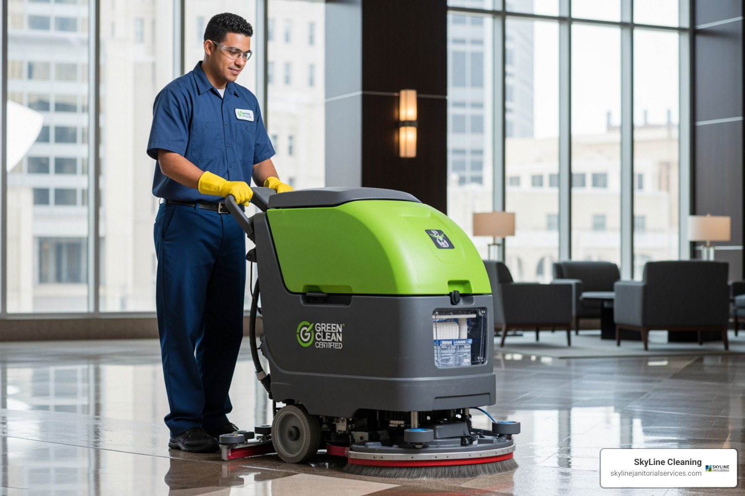professional janitorial team member in uniform using modern, green-certified equipment - green janitorial services
