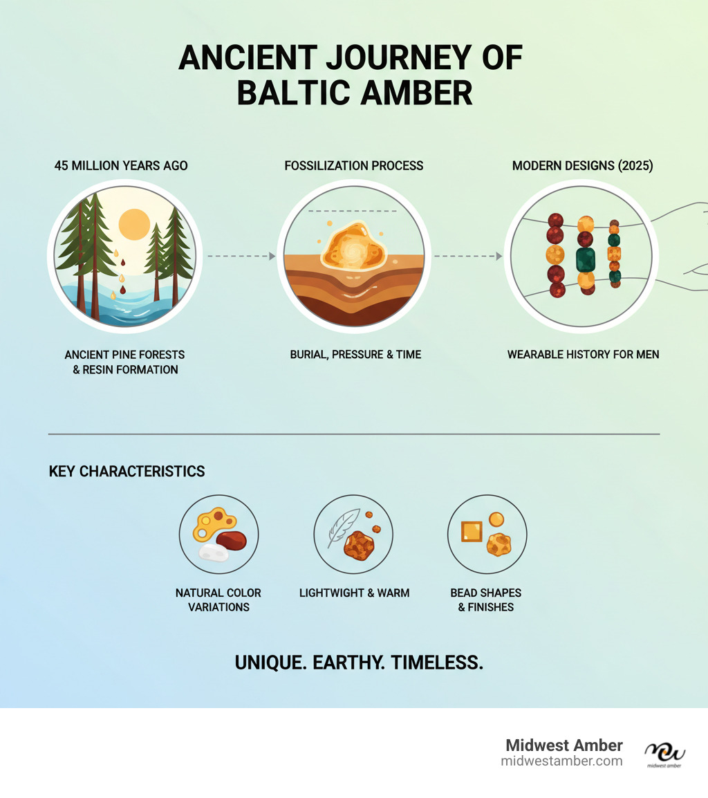 Infographic showing the journey of Baltic amber from ancient pine forests 45 million years ago through fossilization process to modern men's bracelet designs, including key characteristics like natural variations in color, lightweight properties, and different bead shapes and finishes available - men amber jewelry bracelets infographic 