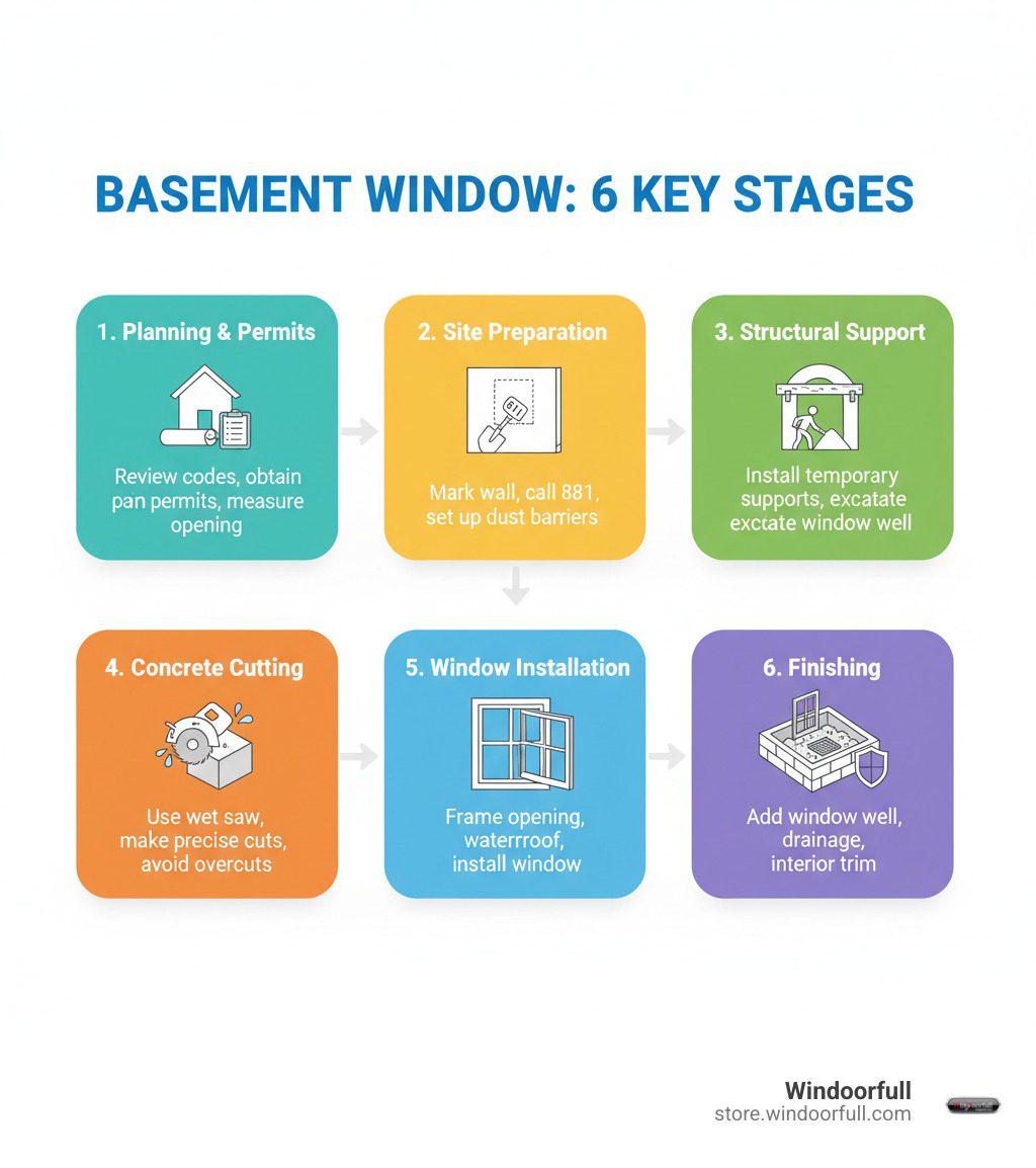 Infographic showing 6 key stages: 1. Planning & Permits - Review codes, obtain permits, measure opening; 2. Site Preparation - Mark wall, call 811, set up dust barriers; 3. Structural Support - Install temporary supports, excavate window well; 4. Concrete Cutting - Use wet saw, make precise cuts, avoid overcuts; 5. Window Installation - Frame opening, waterproof, install window; 6. Finishing - Add window well, drainage, interior trim - cutting basement wall for window infographic Infographic showing 6 key stages: 1. Planning & Permits - Review codes, obtain permits, measure opening; 2. Site Preparation - Mark wall, call 811, set up dust barriers; 3. Structural Support - Install temporary supports, excavate window well; 4. Concrete Cutting - Use wet saw, make precise cuts, avoid overcuts; 5. Window Installation - Frame opening, waterproof, install window; 6. Finishing - Add window well, drainage, interior trim - cutting basement wall for window infographic