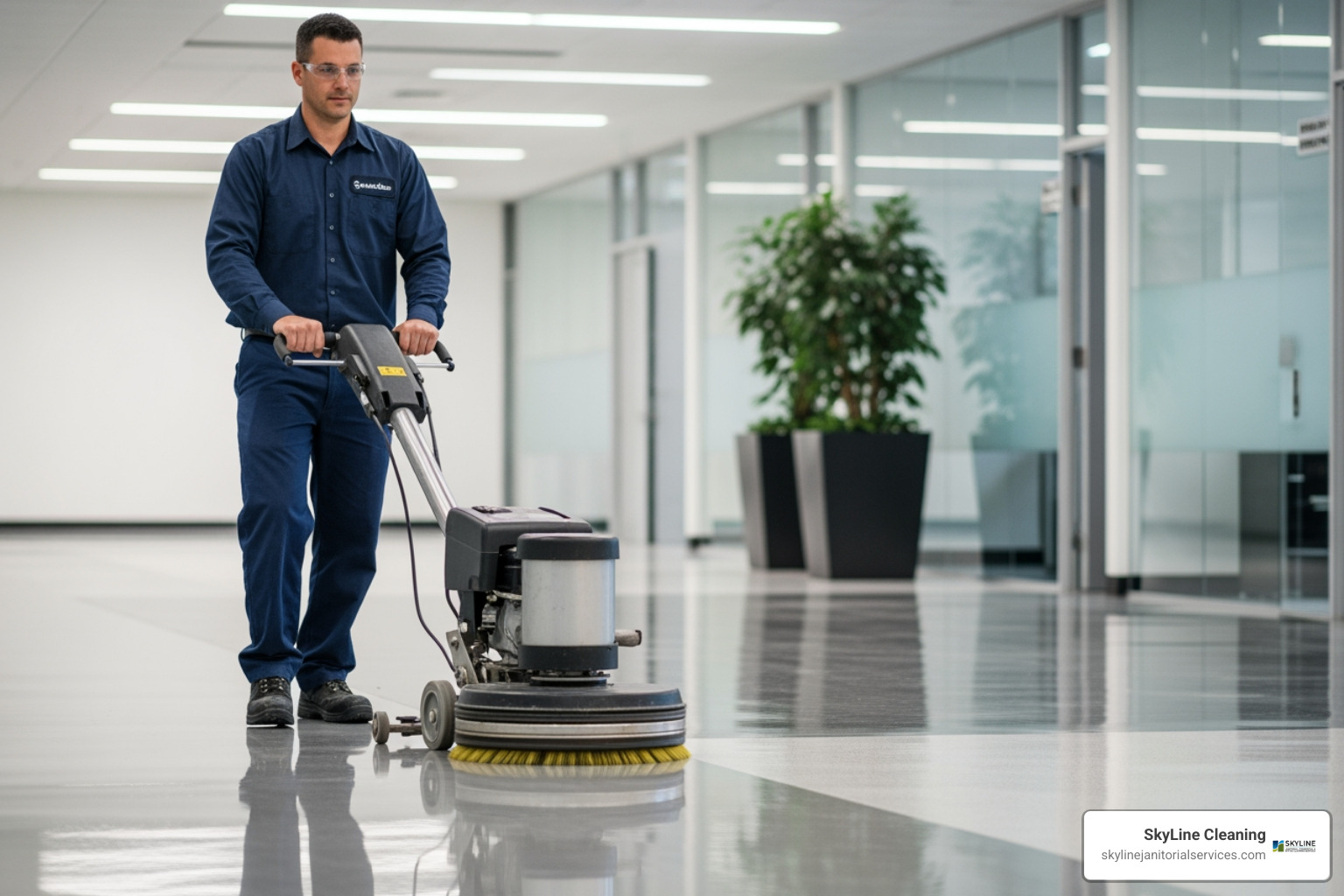 janitorial professional using floor polishing equipment - janitorial services cost