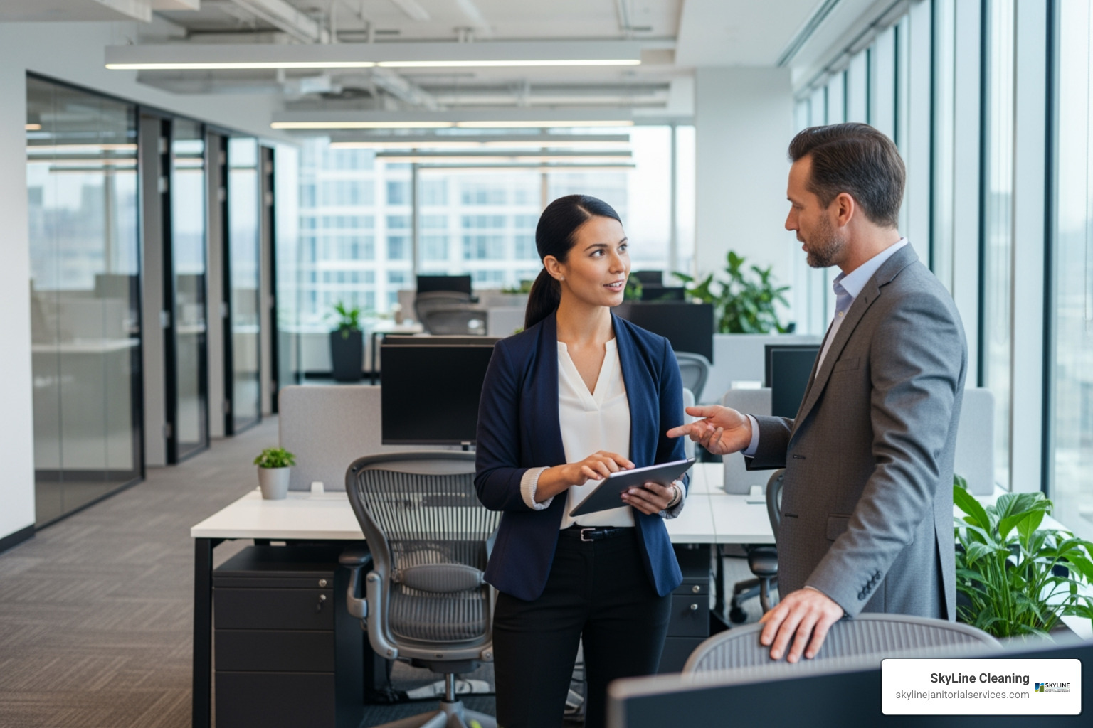 cleaning service manager conducting a walkthrough with a potential client - janitorial services cost