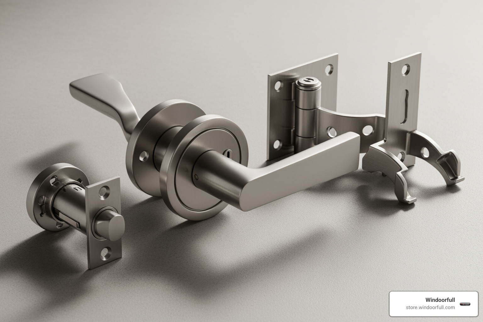 a hardware set laid out, showing a lever, a flush bolt, and a hinge - French door hardware a hardware set laid out, showing a lever, a flush bolt, and a hinge - French door hardware
