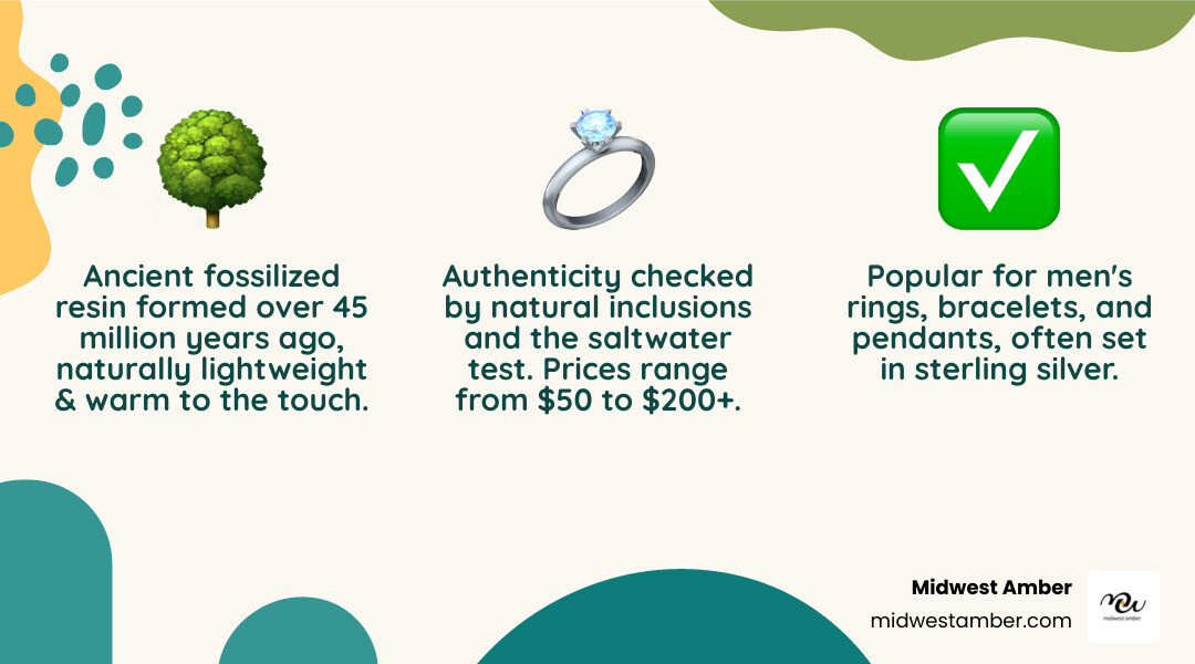 Infographic showing the formation of green Baltic amber over 45 million years, its unique properties including lightweight nature and warmth to touch, common jewelry types for men (rings, bracelets, pendants), typical price ranges ($50-$200+), and key authenticity indicators like natural inclusions and the saltwater test - men green amber jewelry infographic 3_facts_emoji_nature