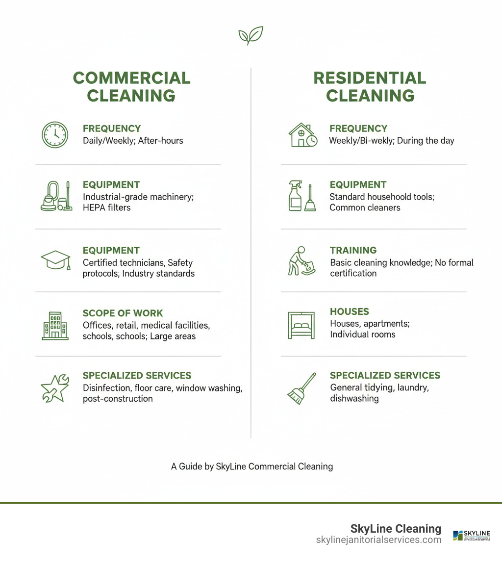 infographic showing the differences between commercial and residential cleaning including frequency, equipment used, training requirements, scope of work, and specialized services - commercial cleaning infographic 