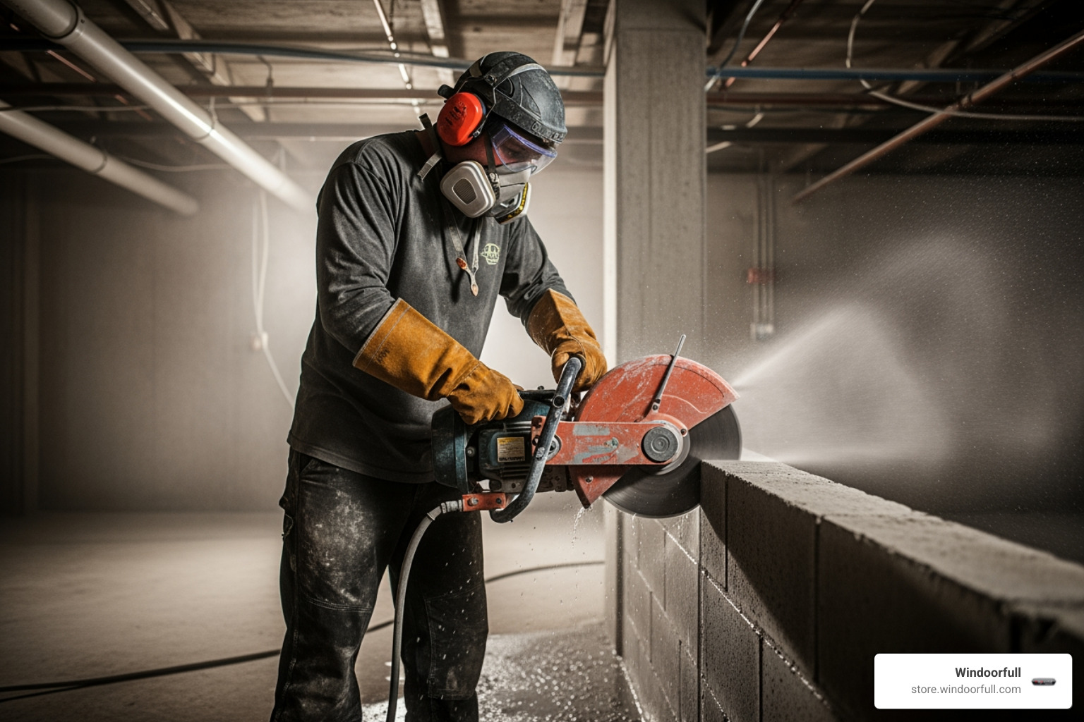 A concrete wall being cut with a wet saw, showing water spray and safety gear. - cutting basement wall for window A concrete wall being cut with a wet saw, showing water spray and safety gear. - cutting basement wall for window