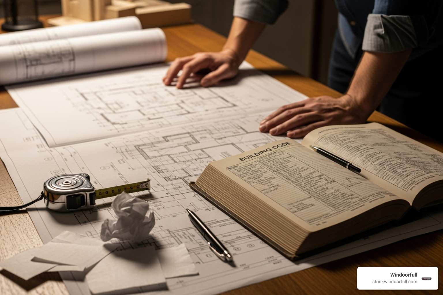 A person reviewing blueprints and a building code book next to a tape measure. - cutting basement wall for window A person reviewing blueprints and a building code book next to a tape measure. - cutting basement wall for window
