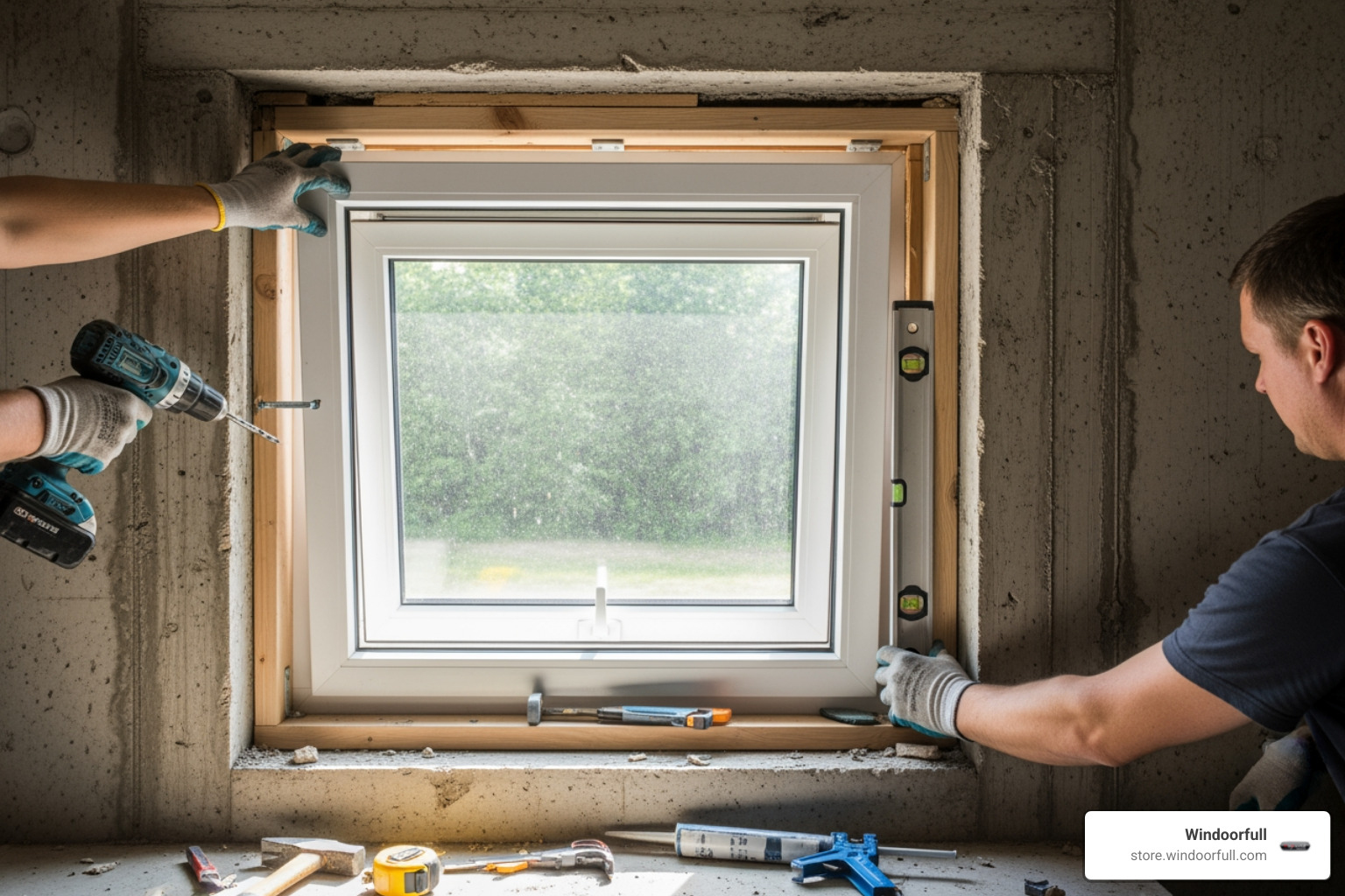 A new Windoorfull tilt-and-turn window being installed into the freshly cut and framed opening. - cutting basement wall for window A new Windoorfull tilt-and-turn window being installed into the freshly cut and framed opening. - cutting basement wall for window