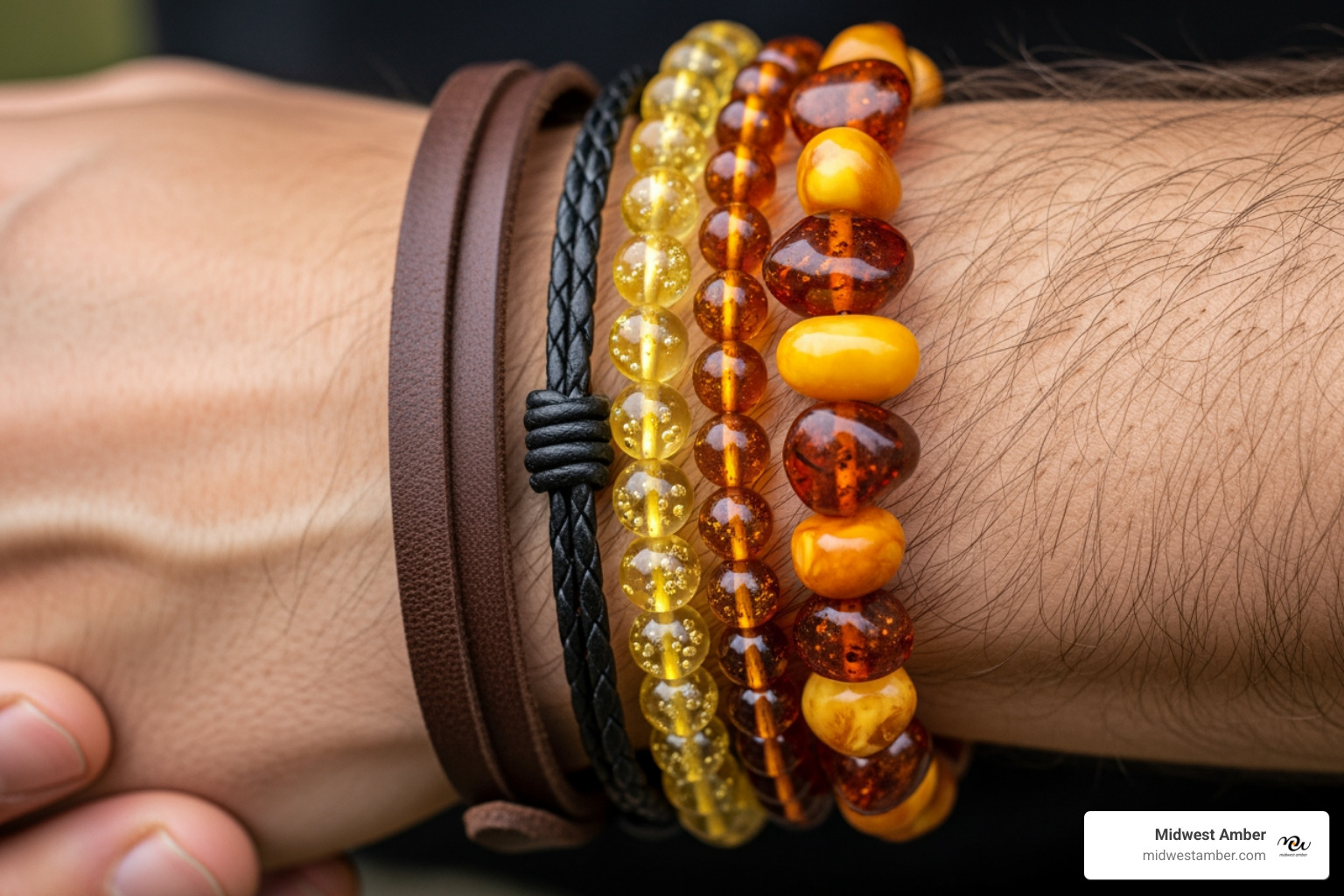 man's wrist with a stacked leather and amber bracelet - men amber jewelry bracelets