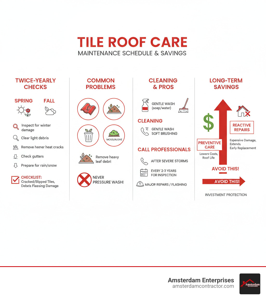 infographic showing tile roof maintenance schedule with inspection checklist for spring and fall, common problems to look for including cracked tiles and debris buildup, recommended cleaning methods, when to call professionals, and long-term cost savings from preventive care versus reactive repairs - tile roof maintenance infographic 