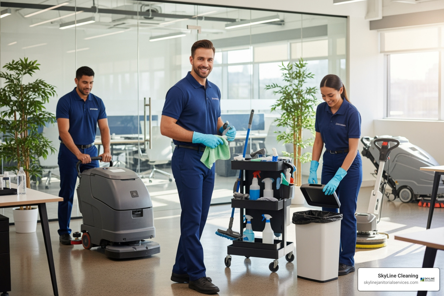 Friendly, uniformed cleaning team with modern equipment - clean office Friendly, uniformed cleaning team with modern equipment - clean office