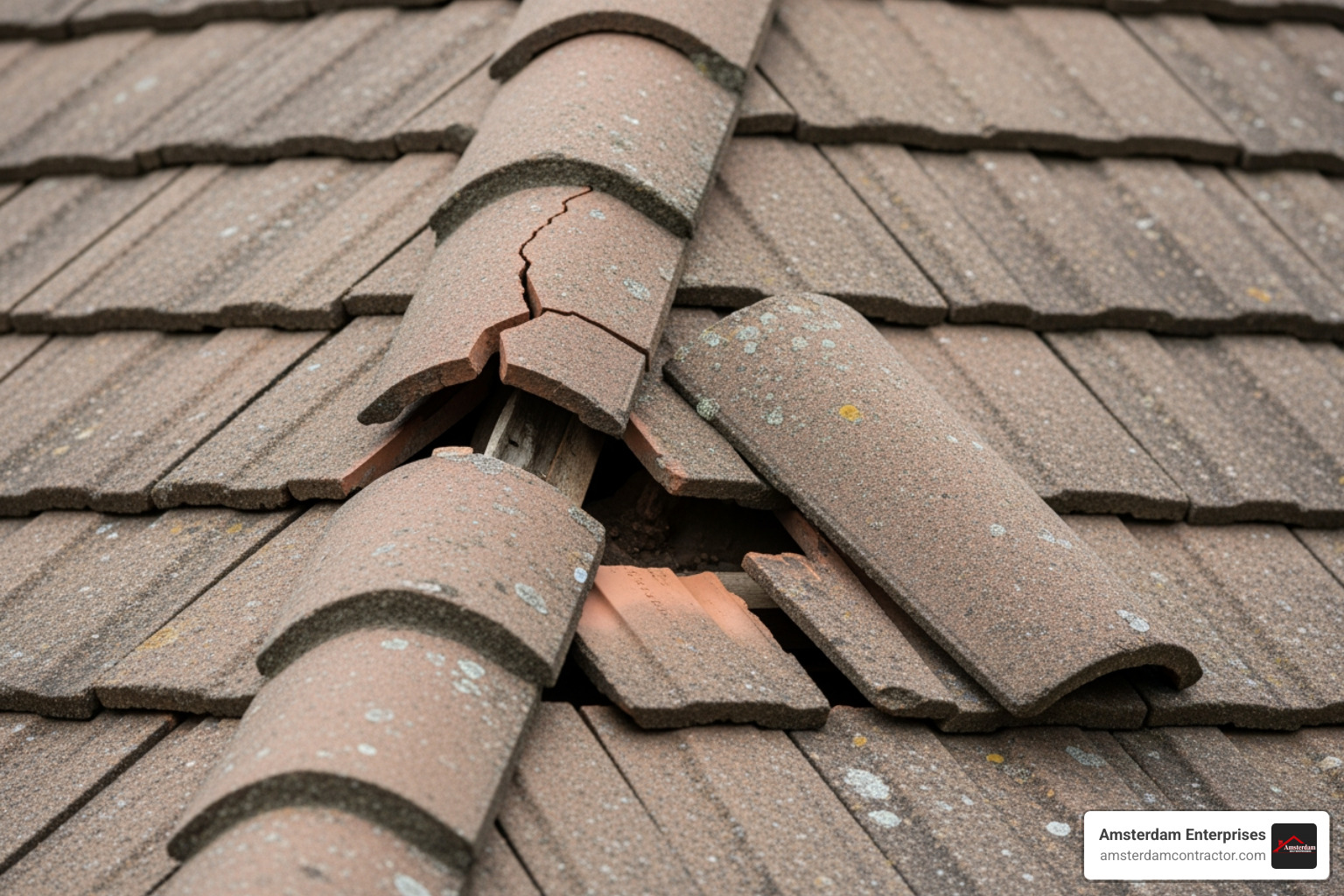single cracked tile next to a slipped tile - tile roof maintenance
