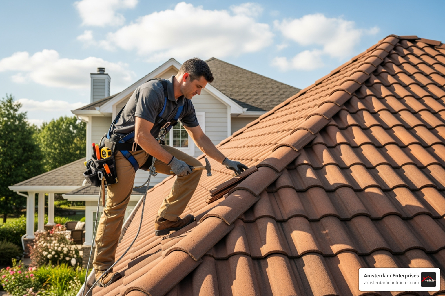 professional roofer safely inspecting a tile roof - tile roof maintenance