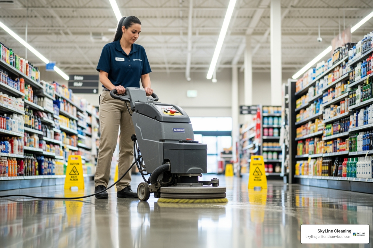 cleaner using a professional floor buffer in a retail store - commercial cleaning
