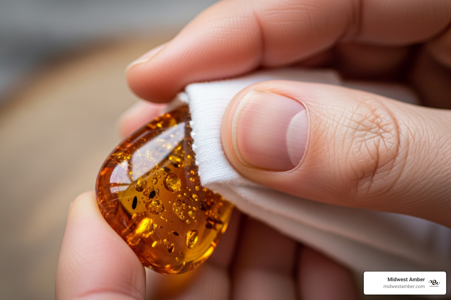 A hand holding a soft cloth, gently cleaning a piece of amber jewelry - men green amber jewelry
