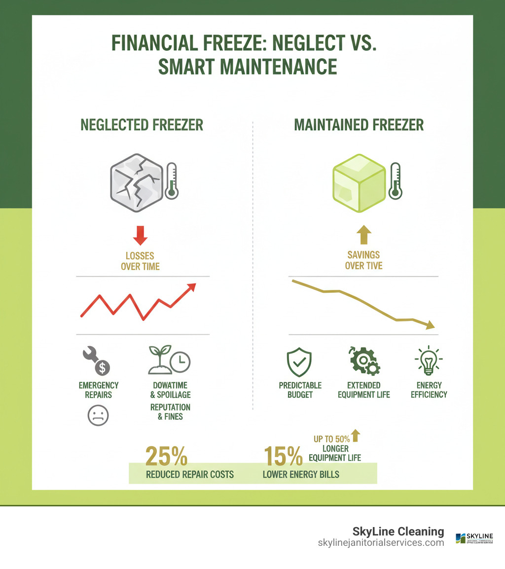 infographic comparing the long-term cost of a neglected walk-in freezer versus one with a preventative maintenance plan, showing savings over time - restaurant maintenance services infographic 