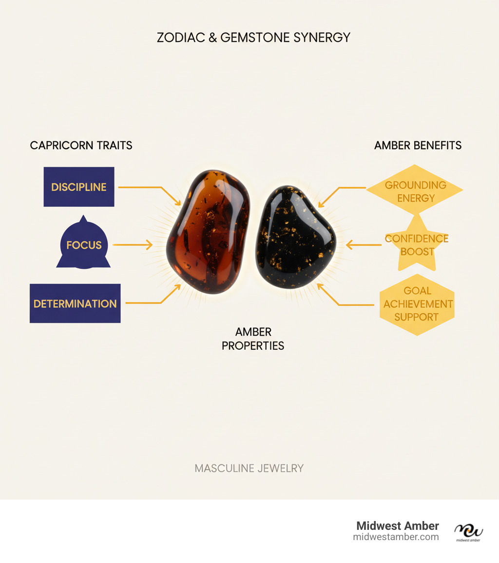 infographic showing Capricorn's ambitious personality traits on the left side with keywords like discipline, focus, and determination, connected by arrows to amber's properties on the right side including grounding energy, confidence boost, and goal achievement support, with dark cognac and black amber stones illustrated in the center - jewelry with amber for men capricorn infographic 