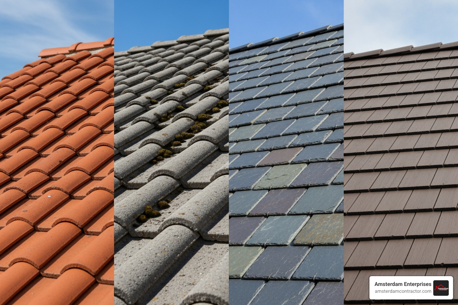 collage showing different tile roof types side-by-side - tile roof maintenance