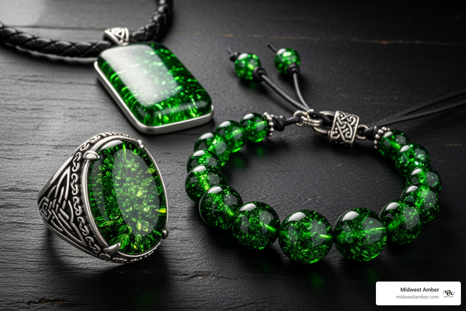 A collection of different men's green amber jewelry pieces, including a ring, bracelet, and pendant - men green amber jewelry