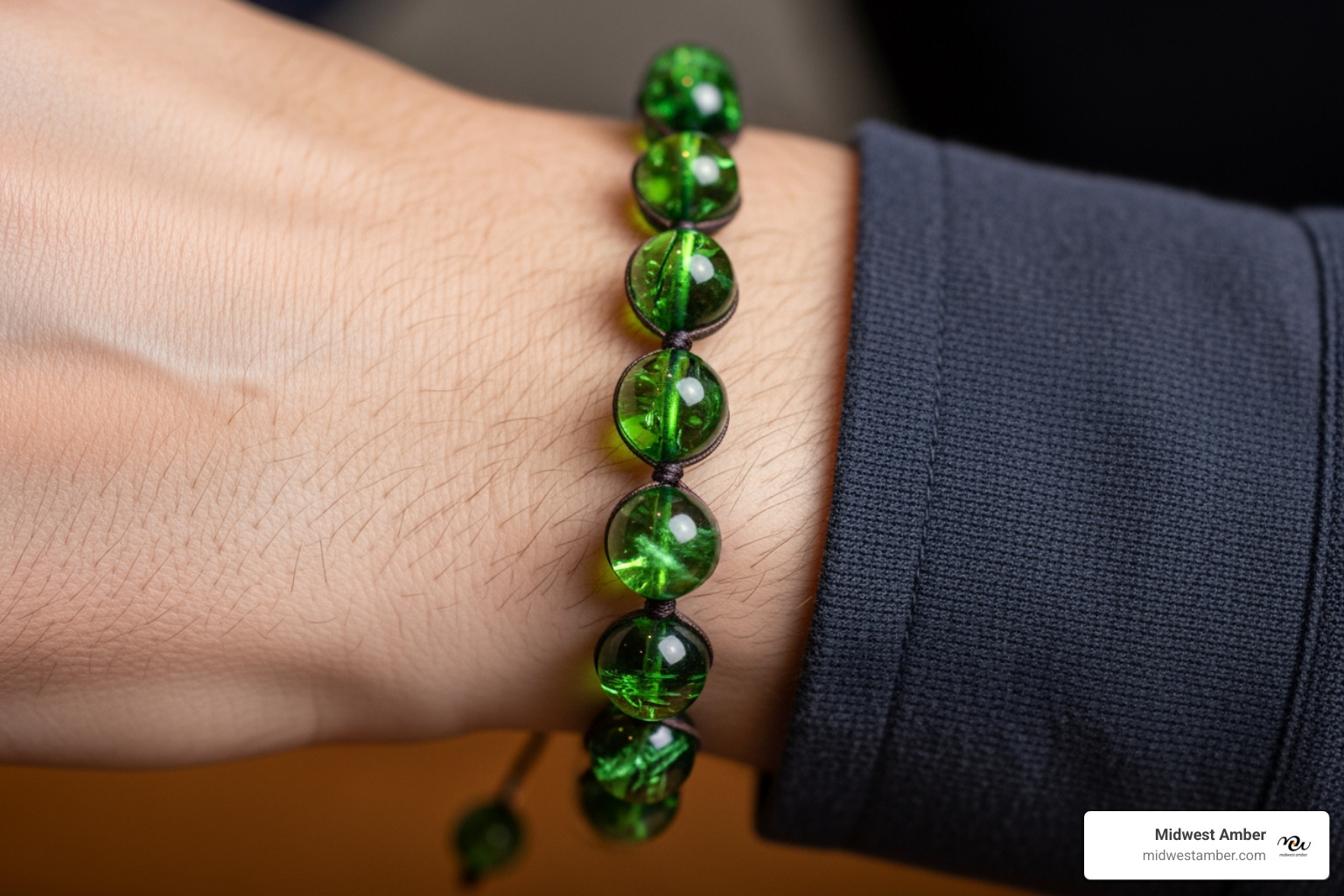 A man's wrist with a green amber beaded bracelet - men green amber jewelry