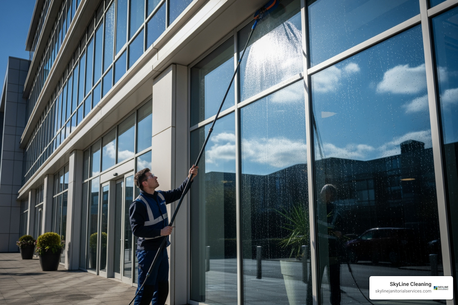 Uniformed professional cleaning commercial building facade with water-fed pole - facade glass cleaning