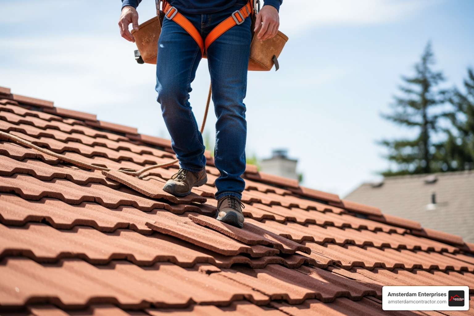 person walking on a tile roof with proper foot placement and safety gear - tile roof maintenance