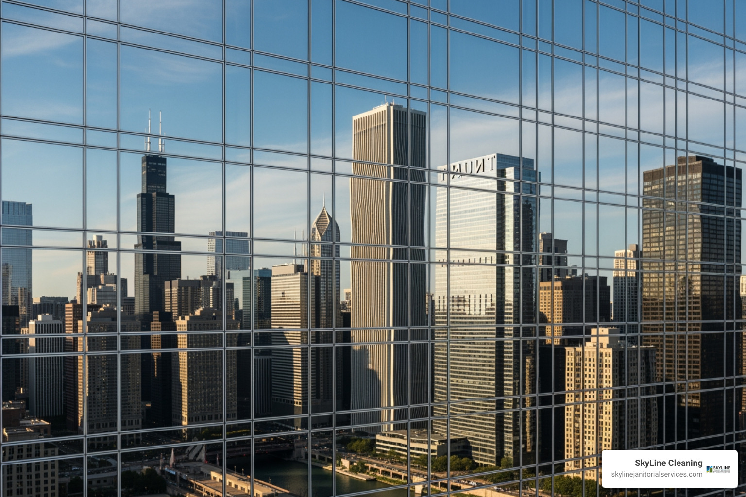 Close-up of perfectly clean facade glass reflecting the Chicago skyline - facade glass cleaning