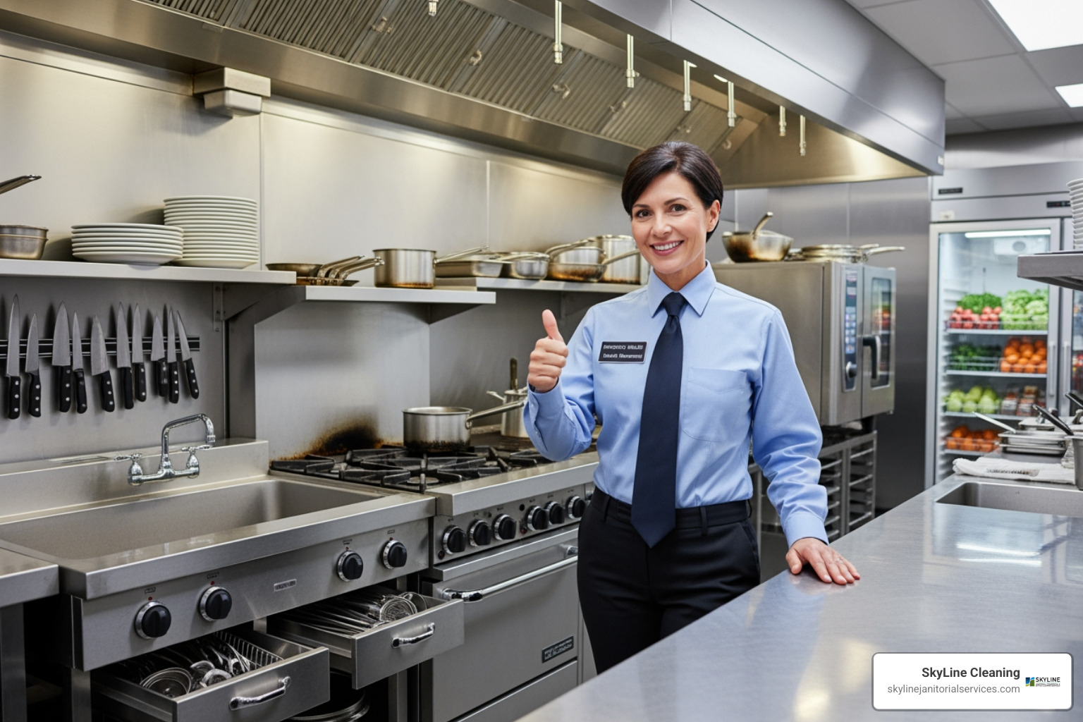 a health inspector giving a thumbs-up in a pristine commercial kitchen - restaurant maintenance services