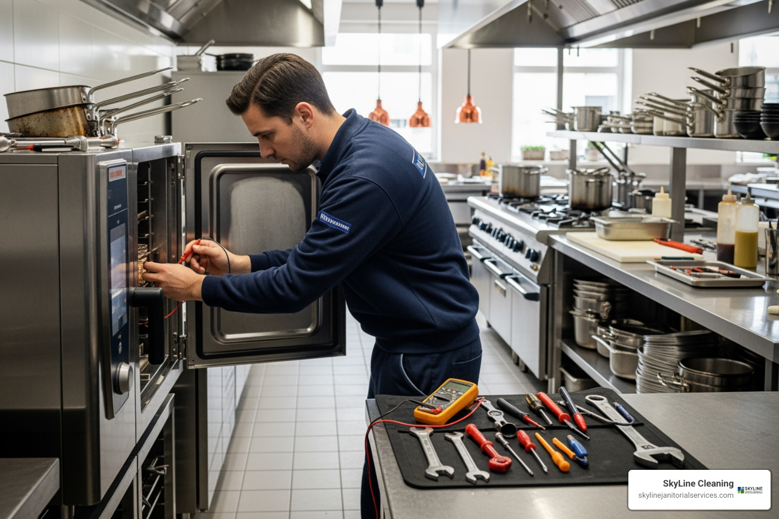 a technician servicing a commercial kitchen appliance in an Arlington Heights restaurant - restaurant maintenance services