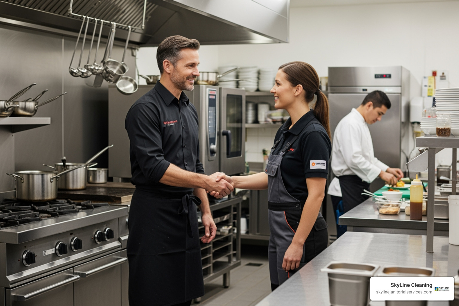 a restaurant manager shaking hands with a professional maintenance technician - restaurant maintenance services